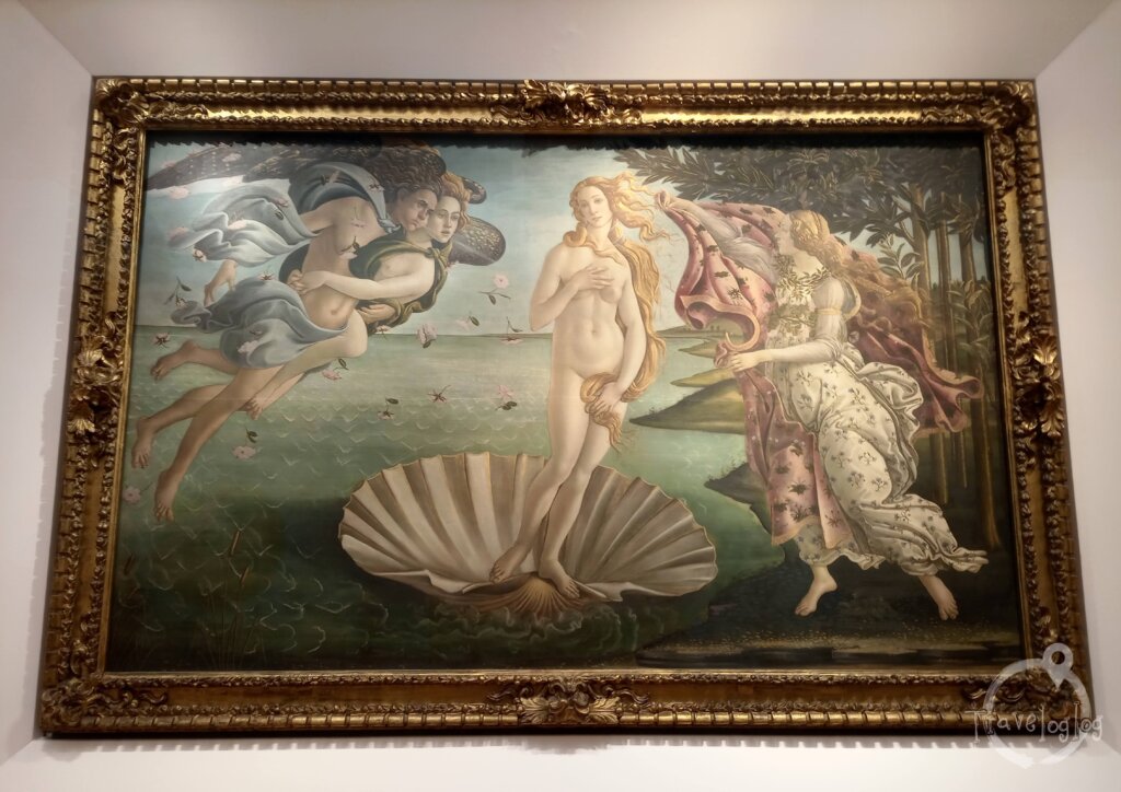 絵画：イタリア：フィレンツェ：ウフィツィ美術館のボッティチェリのビーナスの誕生２